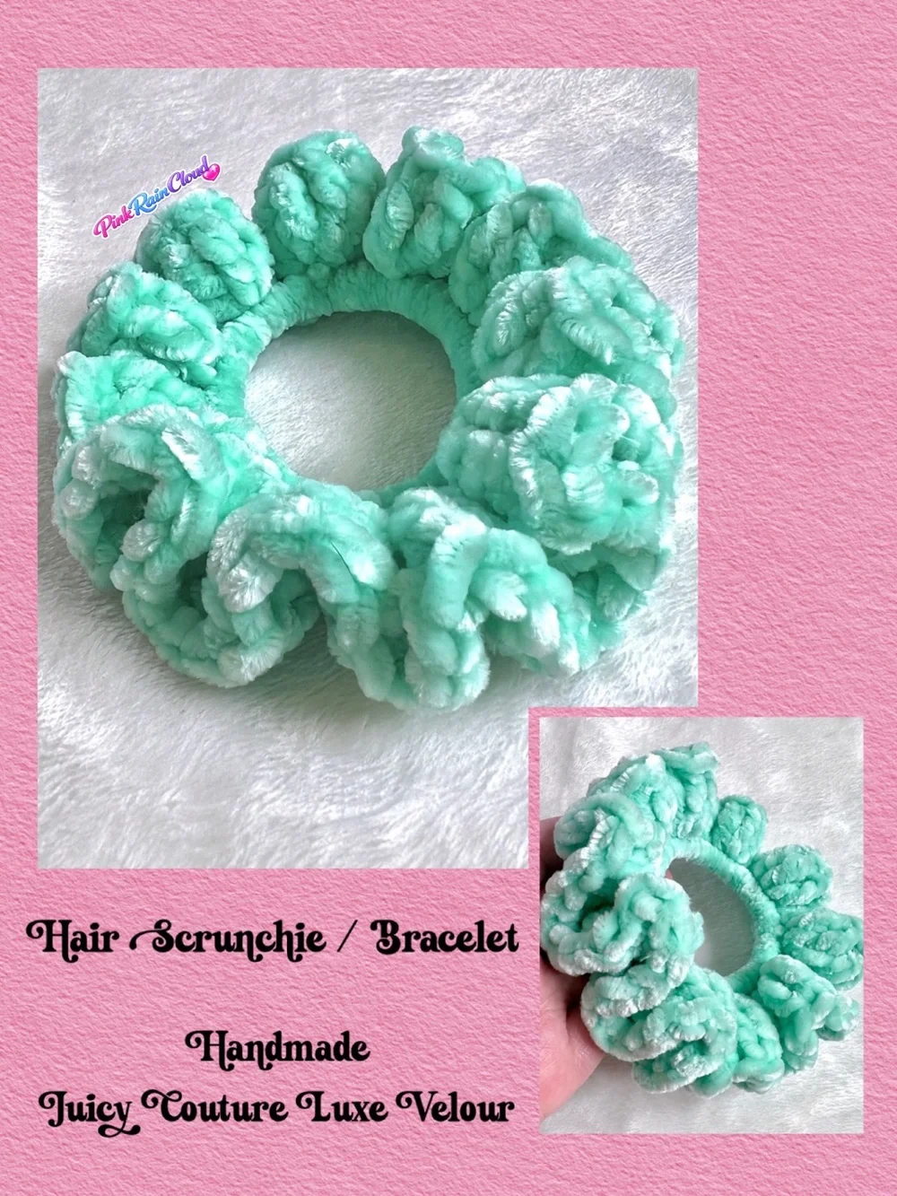 PinkRainCloud Handmade Mint Green Velvet Crochet Hair Scrunchie Soft Hair Tie